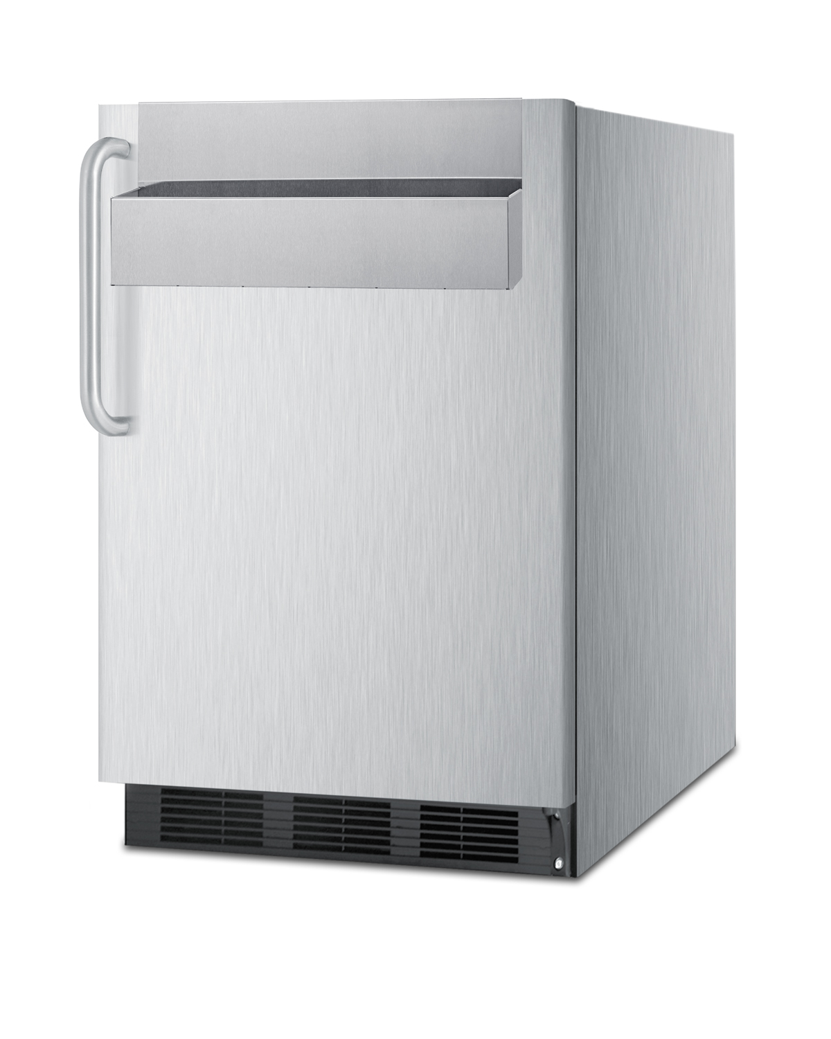Commercial outdoor all-refrigerator for built-in or freestanding use, with removable Speed Rail and complete stainless steel exterior